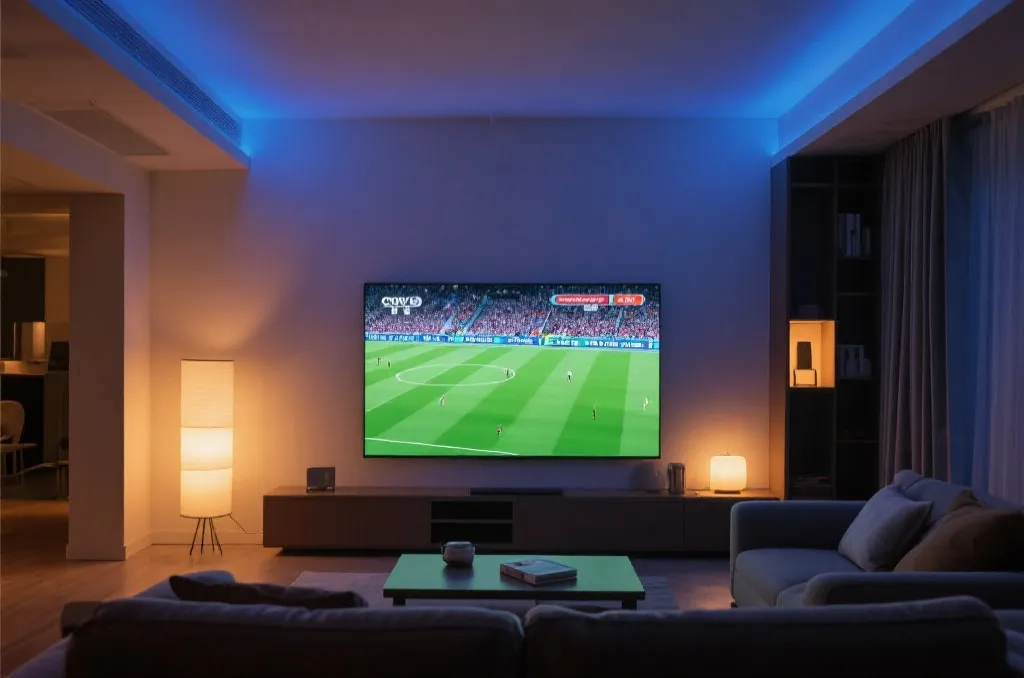 大屏电视播放世界杯4K HDR直播,客厅灯光柔和,画面清晰沉浸